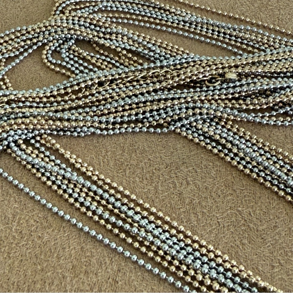 Multi-Strand Long Silver and Gold Beaded Necklace